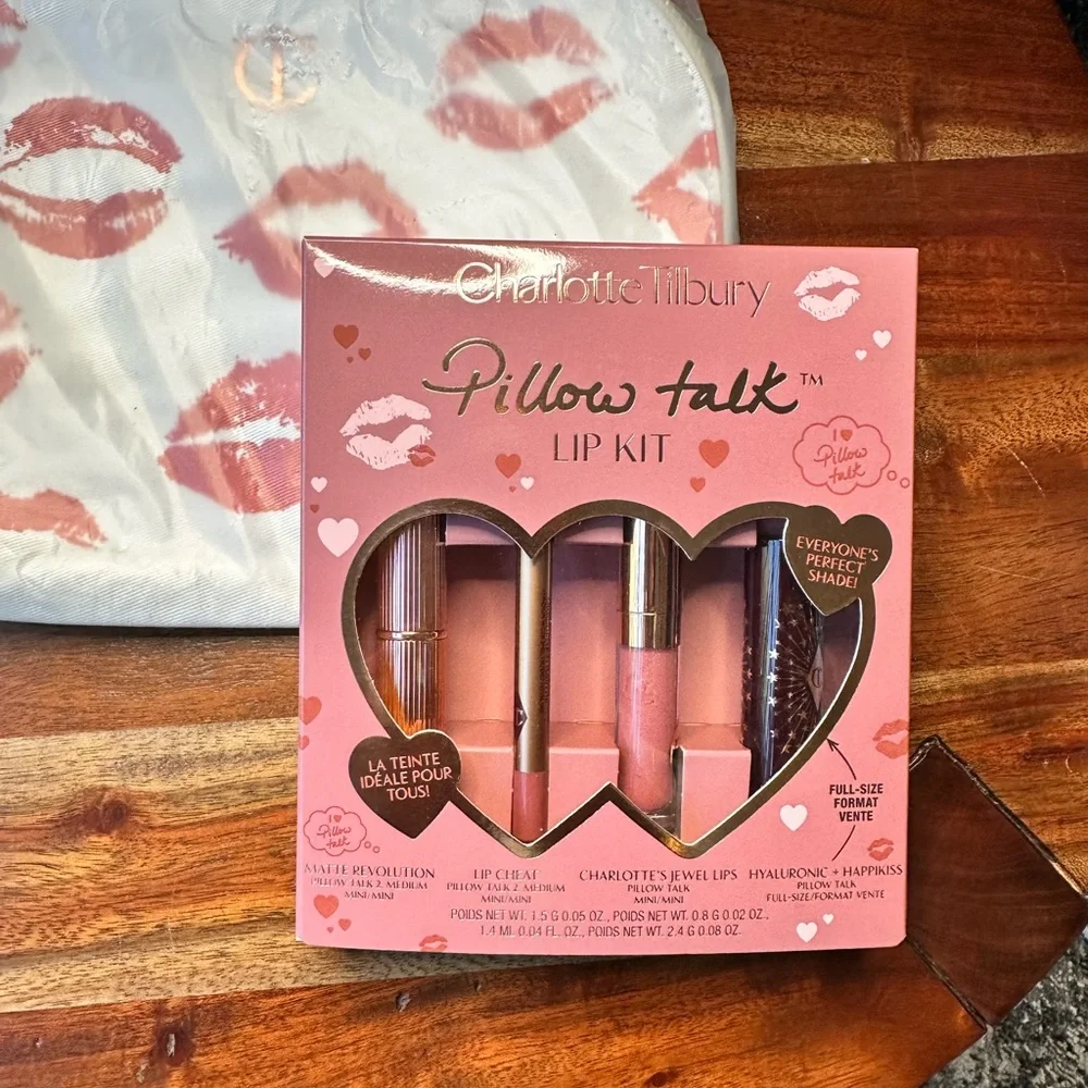 Charlotte Tilbury Pink & White Makeup Bag & Pink Pillow Talk Wardrobe Lip Set